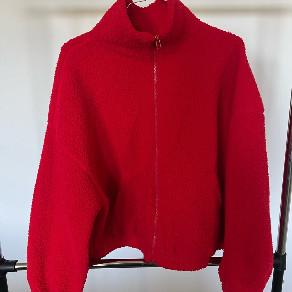 Old Navy Red Teddy Jacket High Collar Modern Silhouette